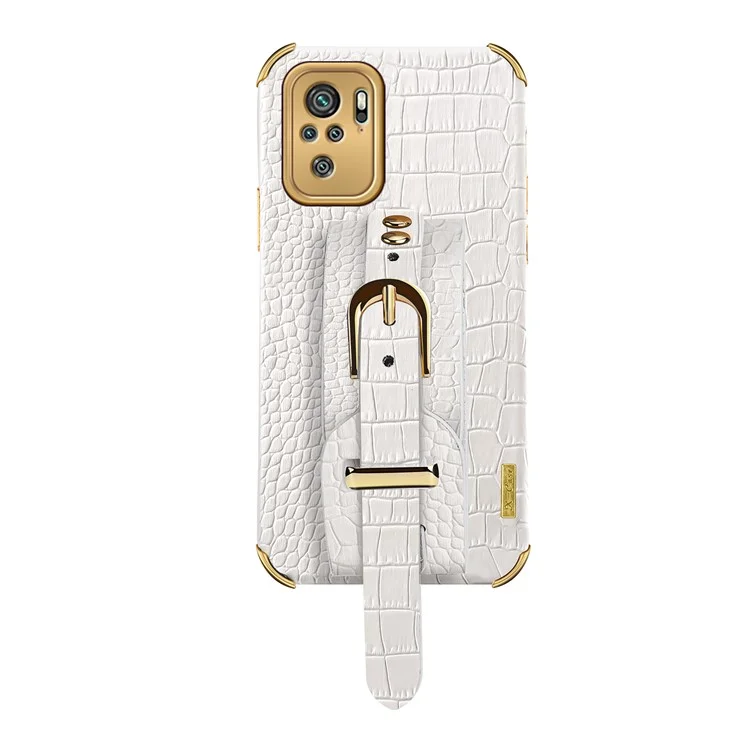 6D Electroplated Wrist Strap Design Crocodile Texture PU Leather Coated TPU Hybrid Phone Cover Case for Xiaomi Redmi Note 10 4G / Note 10S / Poco M5s 4G - White