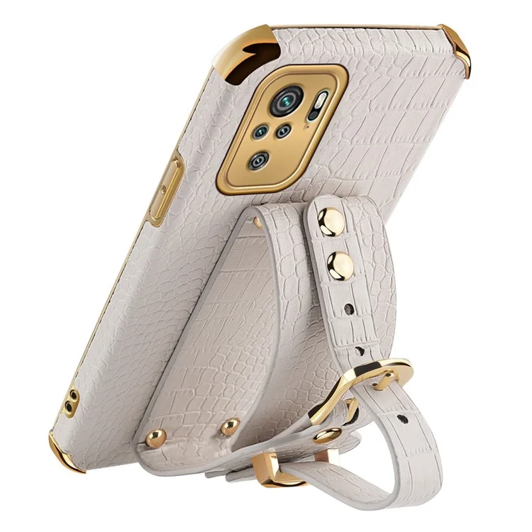 6D Electroplated Wrist Strap Design Crocodile Texture PU Leather Coated TPU Hybrid Phone Cover Case for Xiaomi Redmi Note 10 4G / Note 10S / Poco M5s 4G - White