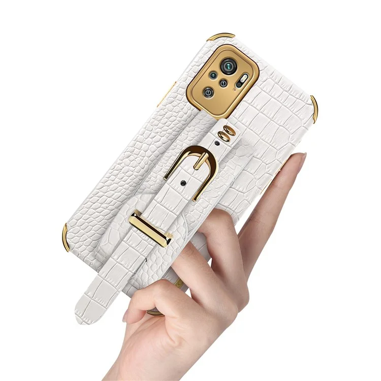 6D Electroplated Wrist Strap Design Crocodile Texture PU Leather Coated TPU Hybrid Phone Cover Case for Xiaomi Redmi Note 10 4G / Note 10S / Poco M5s 4G - White