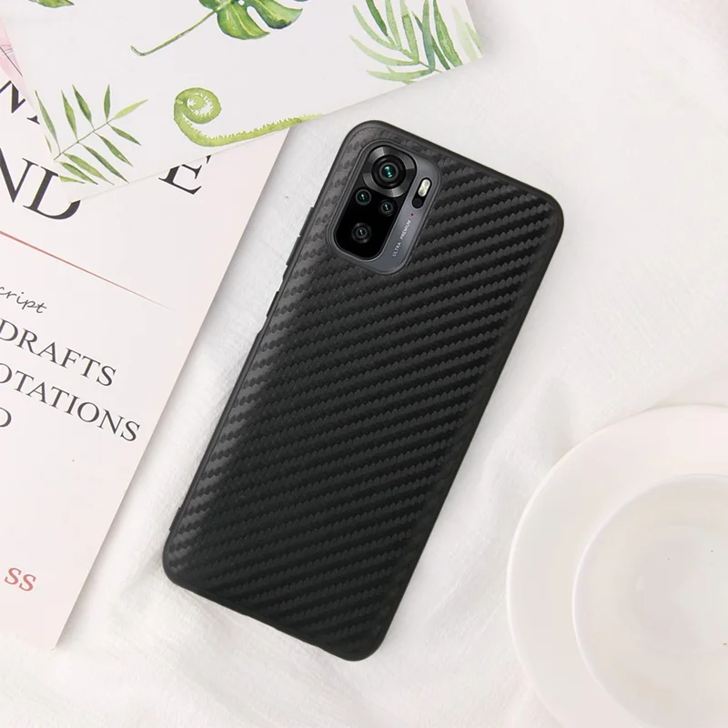 Textured PU Leather Coated TPU+PC Protective Phone Cover Case for Xiaomi Redmi Note 10 4G / Note 10S / Poco M5s 4G - Carbon Fiber Texture