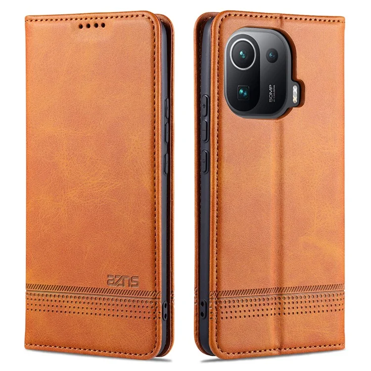 AZNS Auto-absorvido de Couro Magnético Cague Stand Phone Chela Para Xiaomi Mi 11 Pro - Castanho