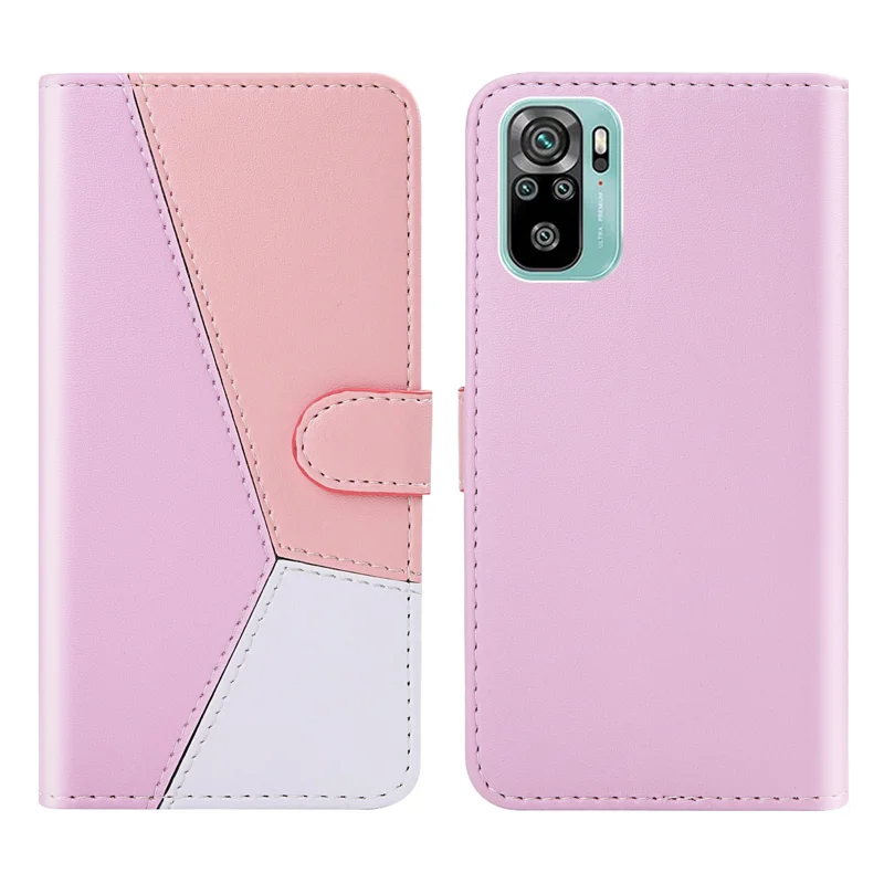 Three-color Splicing Leather Cover Wallet Stand Protective Case for Xiaomi Redmi Note 10 4G / Note 10S / Poco M5s 4G - Purple / Pink / White
