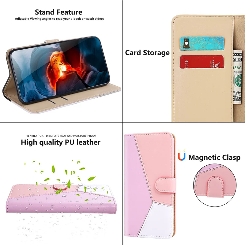 Drei-farben-spleißleder-leder-wallet-ständer Schutzhülle Für Xiaomi Redmi Note 10 4G/Note 10s - Lila/rosa/weiß