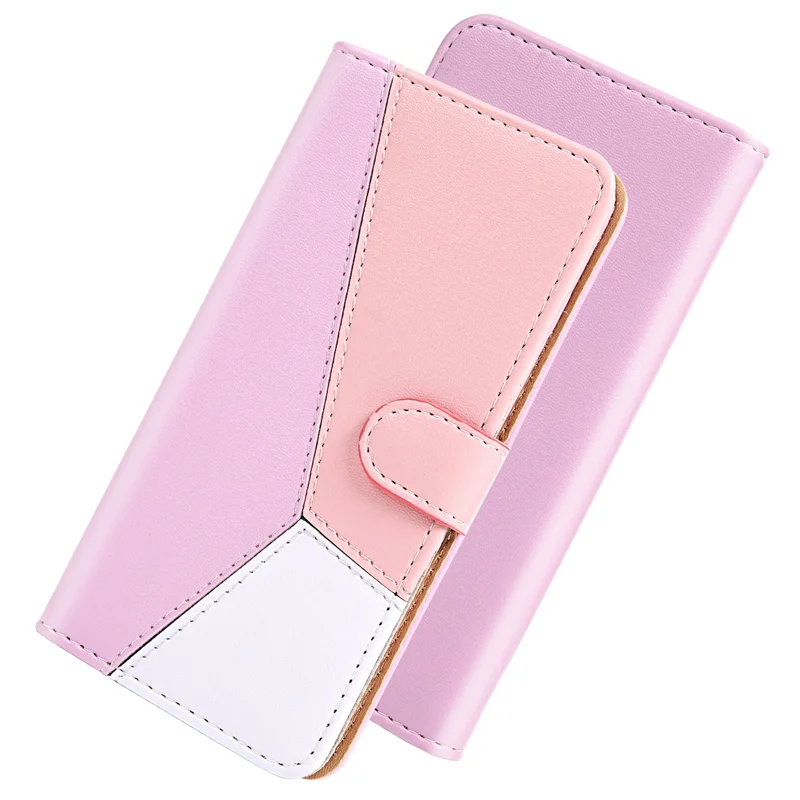 Three-color Splicing Leather Cover Wallet Stand Protective Case for Xiaomi Redmi Note 10 4G / Note 10S / Poco M5s 4G - Purple / Pink / White