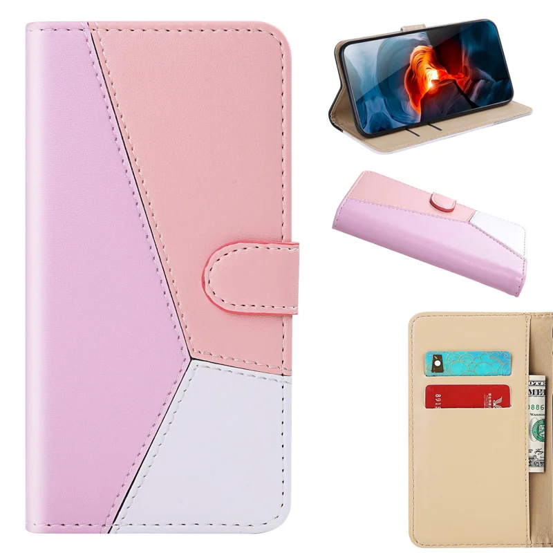 Three-color Splicing Leather Cover Wallet Stand Protective Case for Xiaomi Redmi Note 10 4G / Note 10S / Poco M5s 4G - Purple / Pink / White