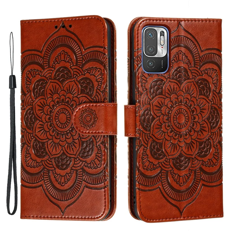 Impreinte Mandala Flower Match Stand Cuir Case Pour Xiaomi Redmi Note 10 5g / Poco M3 Pro 5g / 4g - Brun