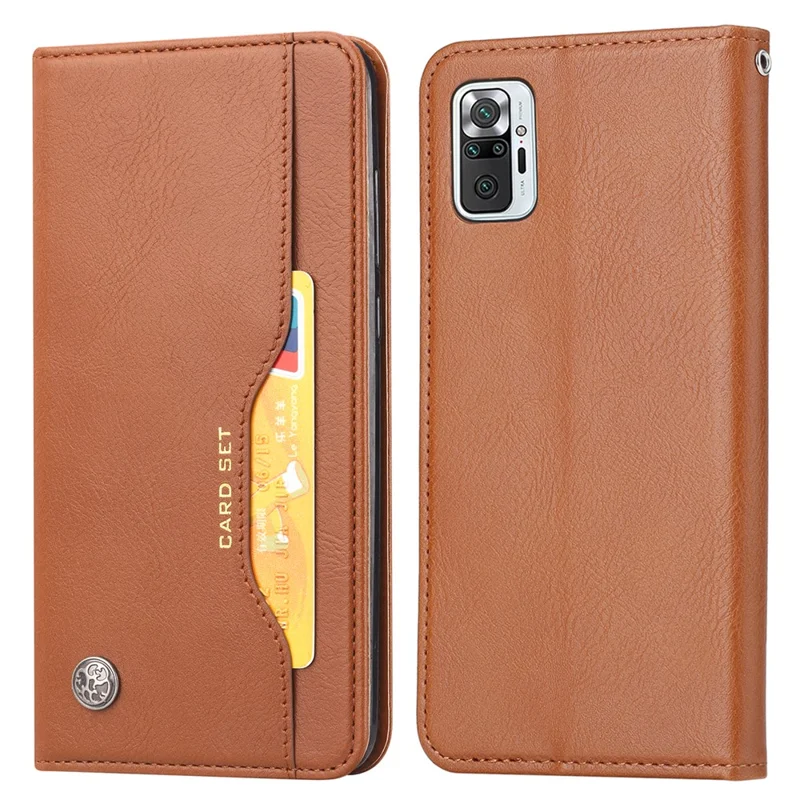 Carteira Stand Auto-absorção De Couro Protetor De Couro Capa Para Xiaomi Redmi Nota 10 4G / Redmi Nota 10s - Castanho