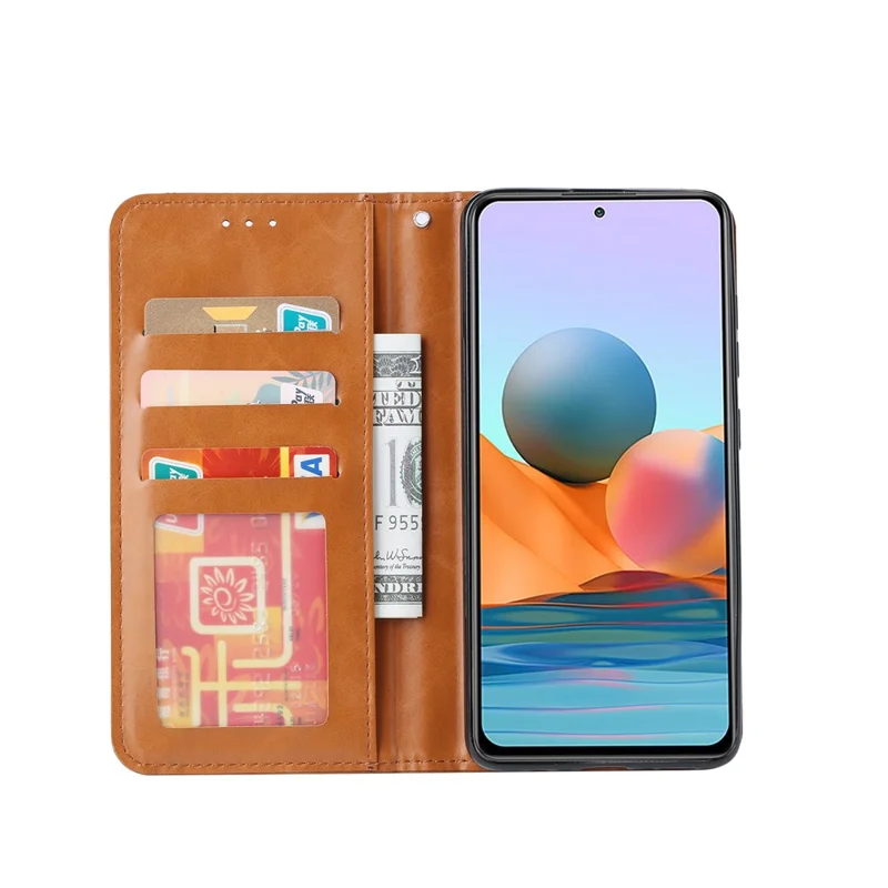 Wallet Stand Auto-absorbed Leather Protector Phone Cover for Xiaomi Redmi Note 10 4G / Redmi Note 10S / Poco M5s 4G - Brown