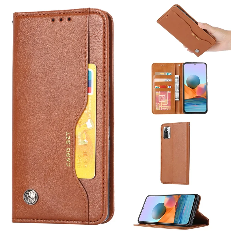 Wallet Stand Auto-absorbed Leather Protector Phone Cover for Xiaomi Redmi Note 10 4G / Redmi Note 10S / Poco M5s 4G - Brown