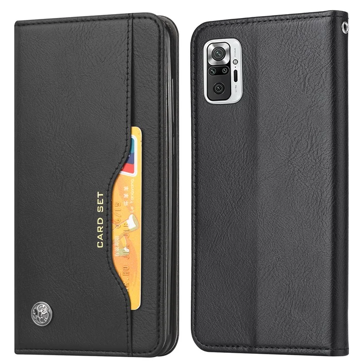 Wallet Stand Auto-absorbed Leather Protector Phone Cover for Xiaomi Redmi Note 10 4G / Redmi Note 10S / Poco M5s 4G - Black