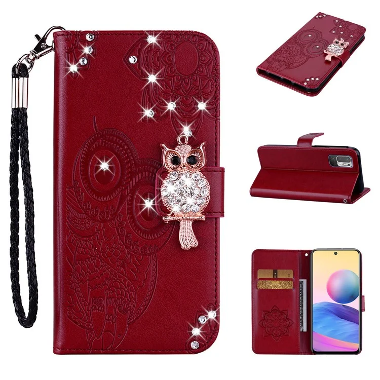 Custodia per telefono in pelle con decorazione a strass a forma di gufo per Xiaomi Redmi Note 10 5G/Poco M3 Pro 5G/4G - Rosso