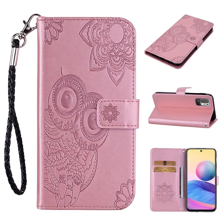 Impronta Flower Owl Pattern Worthet Cover Per il Portafoglio Per la Pelle Per Xiaomi Redmi Nota 10 5G/Poco M3 Pro 5G/4G - Oro Rosa