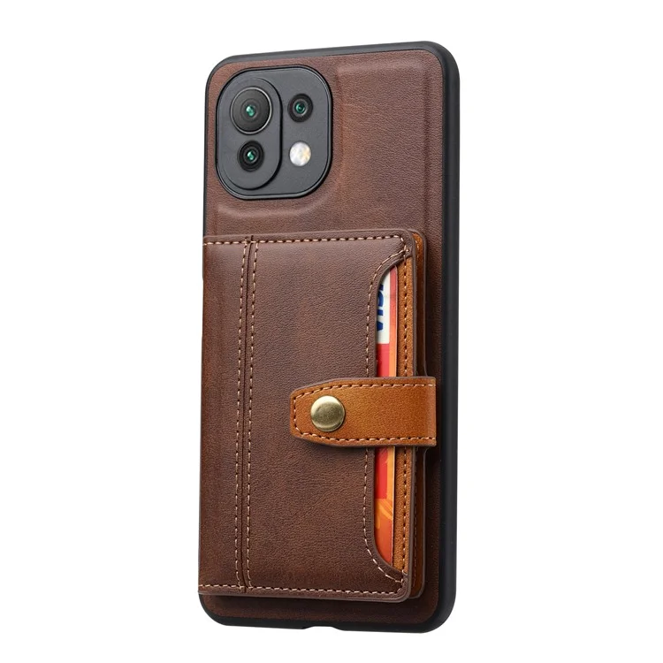 Custodia TPU Rivestita in Pelle PU [slot di Carta] [Kickstand] Per Xiaomi Mi 11 Lite 4G / 5G / 11 Lite 5G NE - Marrone