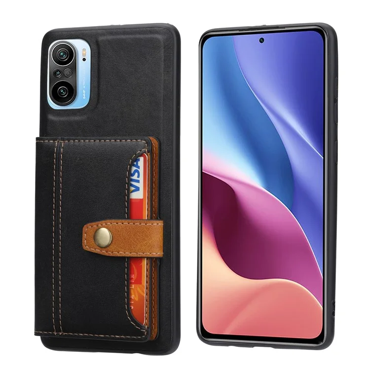 Caixa TPU Revestida Com Couro PU [slots de Cartão] [Kickstand] Para Xiaomi Redmi K40 / Redmi K40 Pro / Poco F3 - Preto