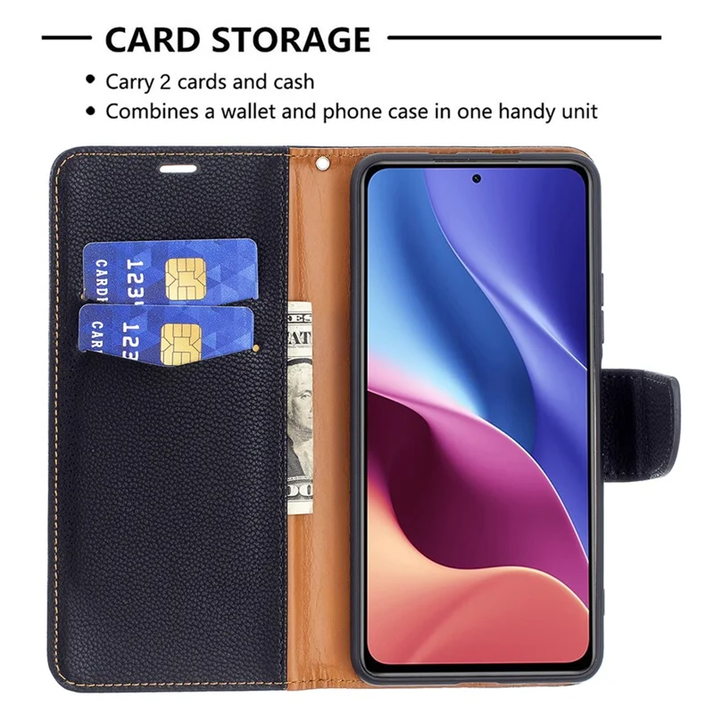 Litchi Skin Wallet Leather Stand Cover Shell for Xiaomi Mi 11i/Poco F3/Redmi K40/K40 Pro - Black