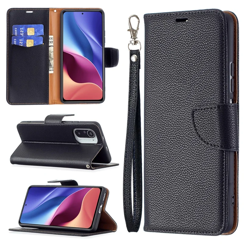Litchi Skin Wallet Leather Stand Cover Shell for Xiaomi Mi 11i/Poco F3/Redmi K40/K40 Pro - Black