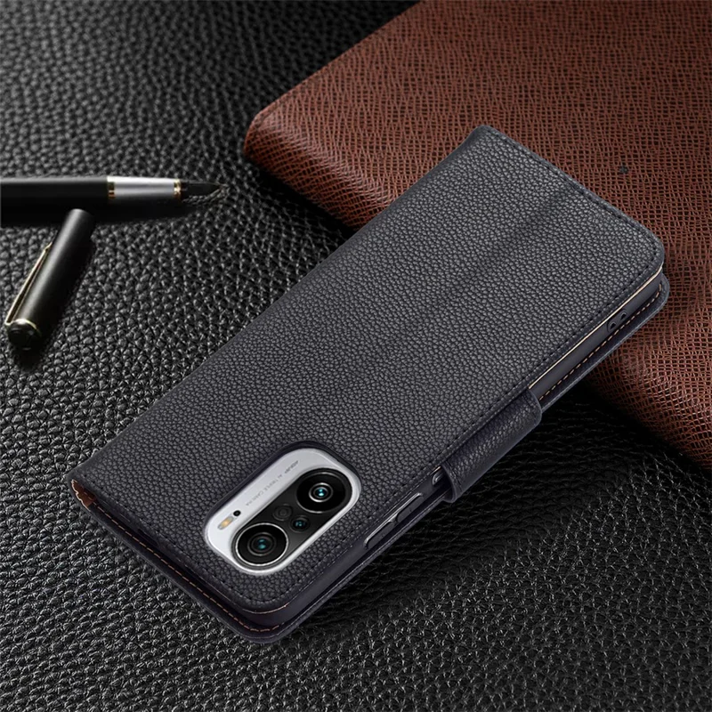 Litchi Skin Wallet Leather Stand Cover Shell for Xiaomi Mi 11i/Poco F3/Redmi K40/K40 Pro - Black