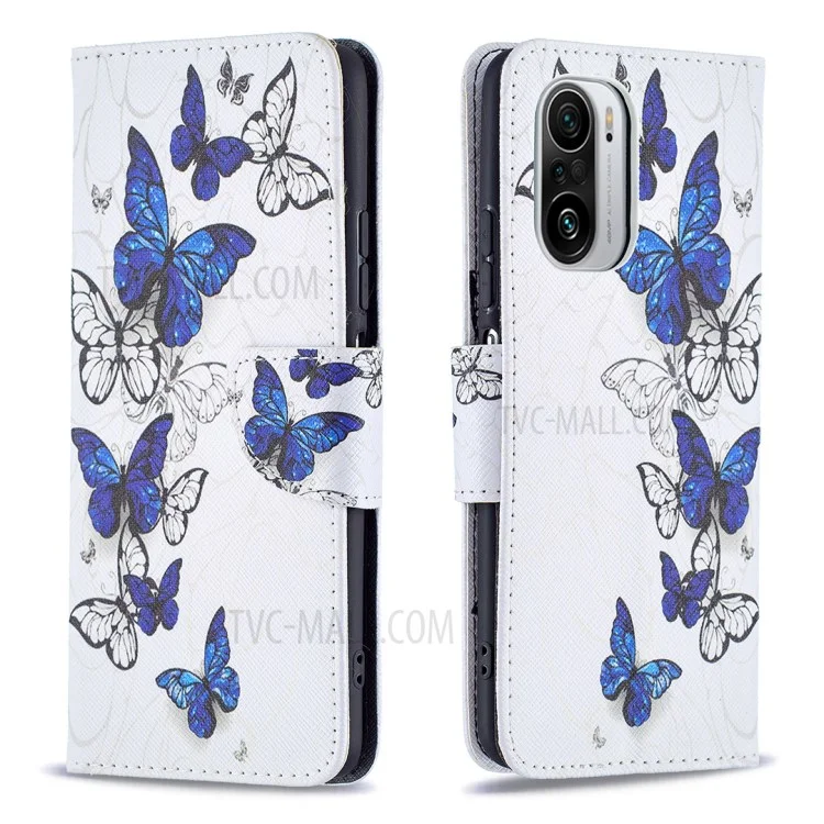 Musterdruck Full Protection Wallet Design Leder Stand Cover Case Für Xiaomi Redmi K40 / K40 PRO / MI 11I / POCO F3 - Blauer Schmetterling