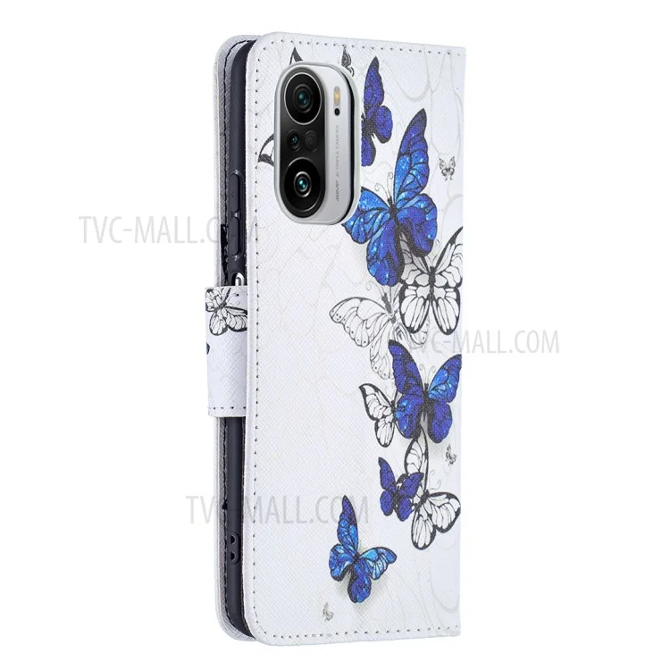 Musterdruck Full Protection Wallet Design Leder Stand Cover Case Für Xiaomi Redmi K40 / K40 PRO / MI 11I / POCO F3 - Blauer Schmetterling