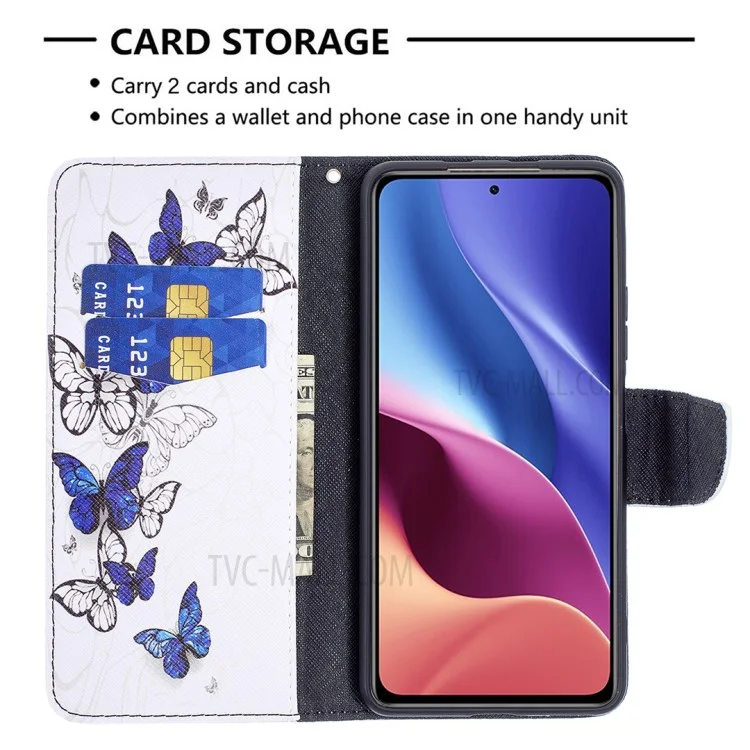 Musterdruck Full Protection Wallet Design Leder Stand Cover Case Für Xiaomi Redmi K40 / K40 PRO / MI 11I / POCO F3 - Blauer Schmetterling