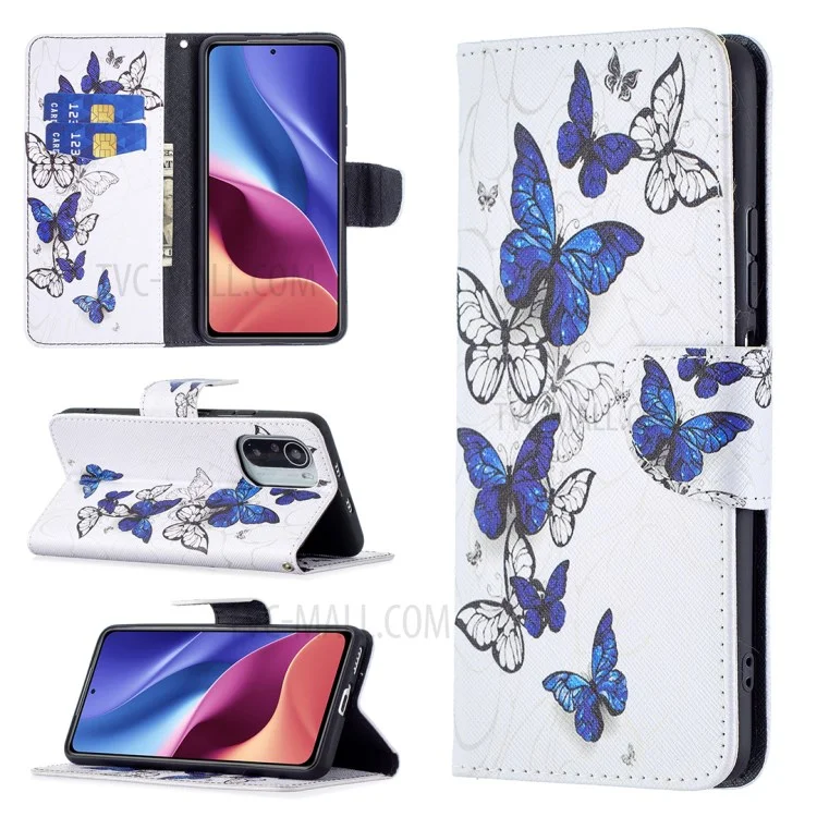 Musterdruck Full Protection Wallet Design Leder Stand Cover Case Für Xiaomi Redmi K40 / K40 PRO / MI 11I / POCO F3 - Blauer Schmetterling