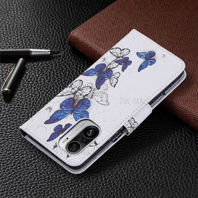 Musterdruck Full Protection Wallet Design Leder Stand Cover Case Für Xiaomi Redmi K40 / K40 PRO / MI 11I / POCO F3 - Blauer Schmetterling