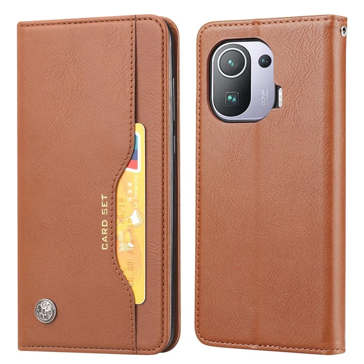 Tampa de Couro de Carteira Absorvida Automaticamente Para Xiaomi Mi 11 Pro - Castanho