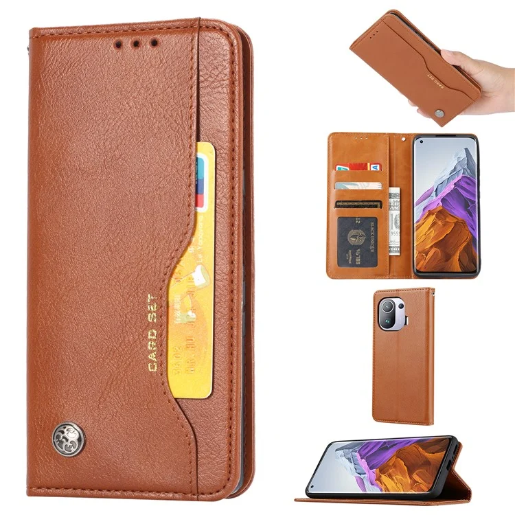 Tampa de Couro de Carteira Absorvida Automaticamente Para Xiaomi Mi 11 Pro - Castanho