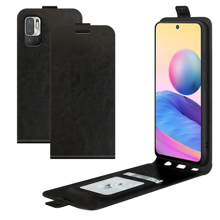 Vertical Flip Crazy Horse Texture Leather Phone Case with Card Holder for Xiaomi Redmi Note 10 5G/Poco M3 Pro 5G/4G - Black