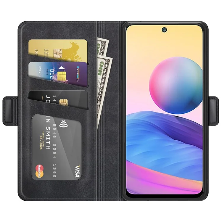 PU Leather Wallet Stand Double Clasp Magnetic Closure Phone Case Shell for Xiaomi Redmi Note 10 5G/Poco M3 Pro 5G/4G - Black