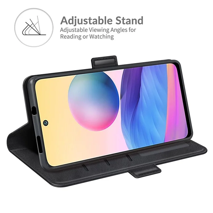 PU Leather Wallet Stand Double Clasp Magnetic Closure Phone Case Shell for Xiaomi Redmi Note 10 5G/Poco M3 Pro 5G/4G - Black