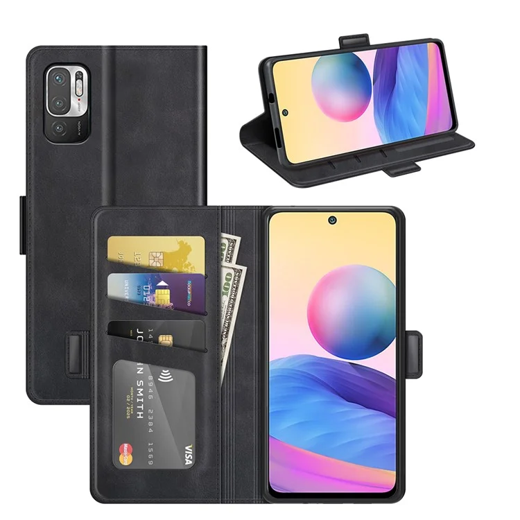 PU Leather Wallet Stand Double Clasp Magnetic Closure Phone Case Shell for Xiaomi Redmi Note 10 5G/Poco M3 Pro 5G/4G - Black