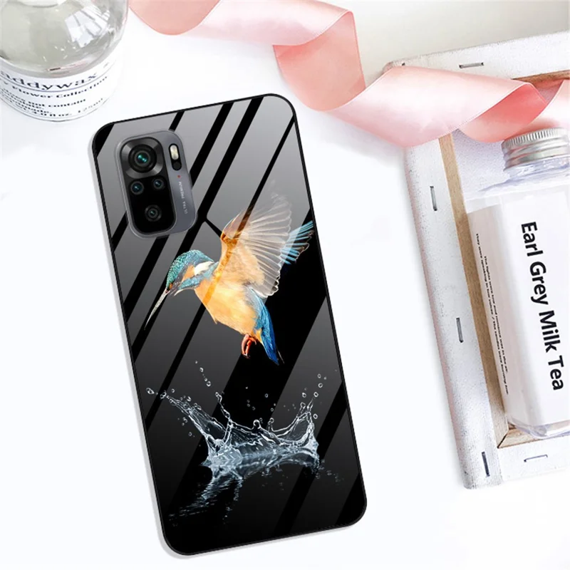 Fancy Style Printing Glass + PC + TPU Hybrid Phone Shell for Xiaomi Redmi Note 10 4G / Note 10S / Poco M5s 4G Protector Case - Gold / Black