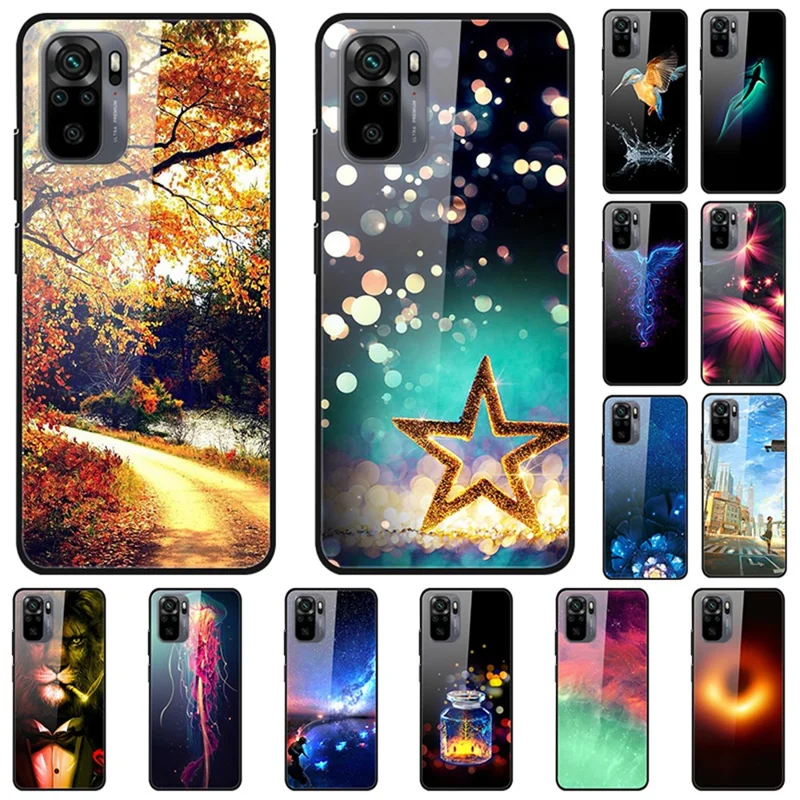 Cover per telefono ibrido in vetro decorato + PC + TPU, stile elegante, per Xiaomi Redmi Note 10 4G / Note 10S / Poco M5s 4G, custodia protettiva - Fenice blu