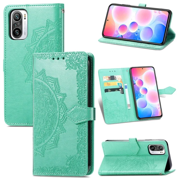 Embossed Mandala Flower PU Leather Case Stand Wallet for Xiaomi Redmi Note 10 Pro Max / Redmi Note 10 Pro (EU Version) - Green