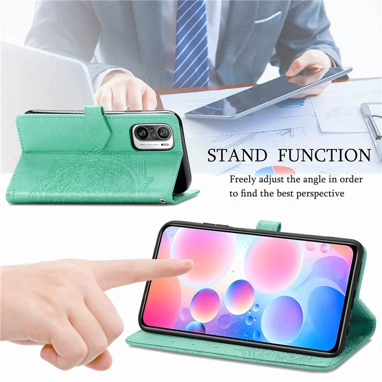 Embossed Mandala Flower PU Leather Case Stand Wallet for Xiaomi Redmi Note 10 Pro Max / Redmi Note 10 Pro (EU Version) - Green