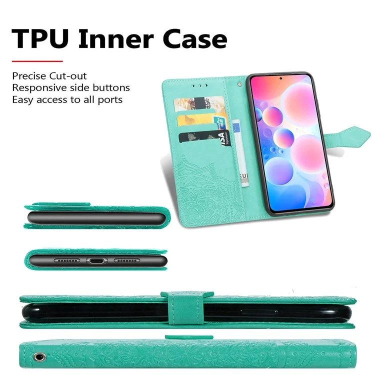 Embossed Mandala Flower PU Leather Case Stand Wallet for Xiaomi Redmi Note 10 Pro Max / Redmi Note 10 Pro (EU Version) - Green