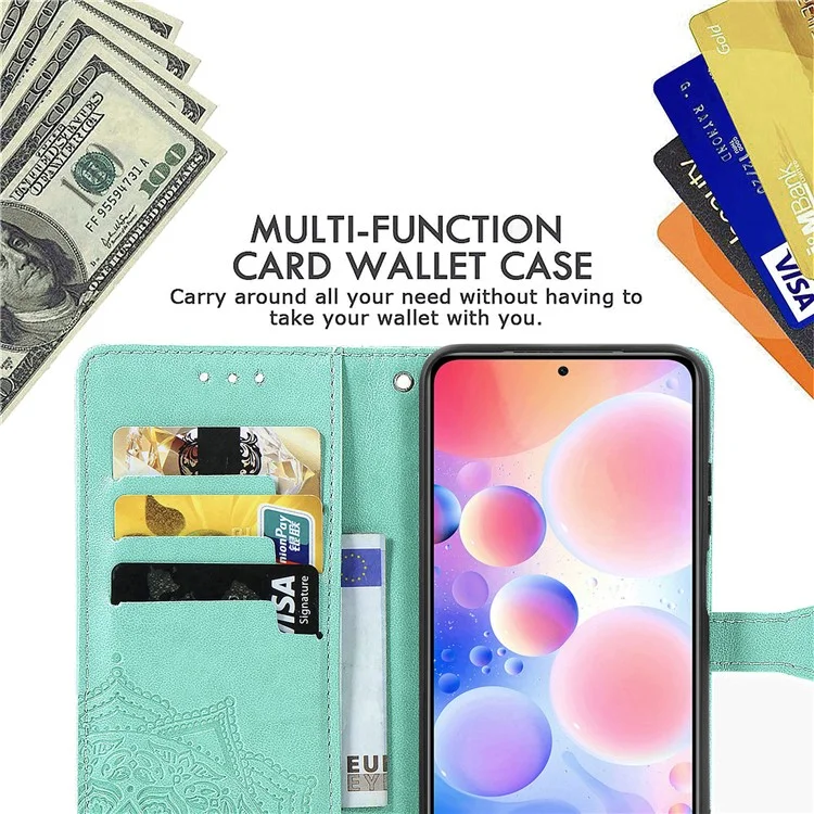 Embossed Mandala Flower PU Leather Case Stand Wallet for Xiaomi Redmi Note 10 Pro Max / Redmi Note 10 Pro (EU Version) - Green
