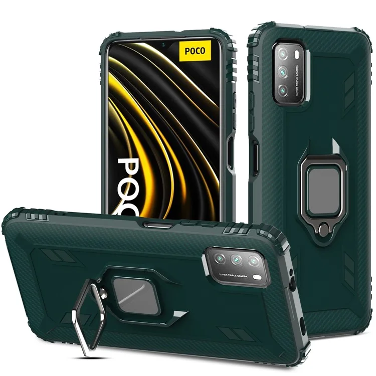 TPU Phone Protector Shell with Finger Ring Kickstand for Xiaomi Poco M3/Redmi 9 Power/Redmi Note 9 4G (Qualcomm Snapdragon 662)/Redmi 9T - Green