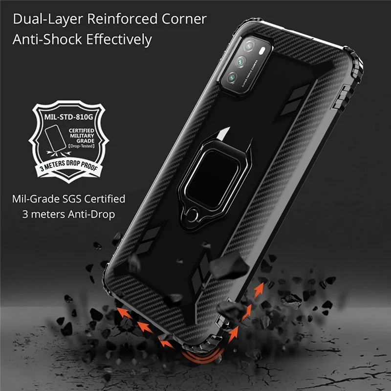 TPU Phone Protector Shell with Finger Ring Kickstand for Xiaomi Poco M3/Redmi 9 Power/Redmi Note 9 4G (Qualcomm Snapdragon 662)/Redmi 9T - Black