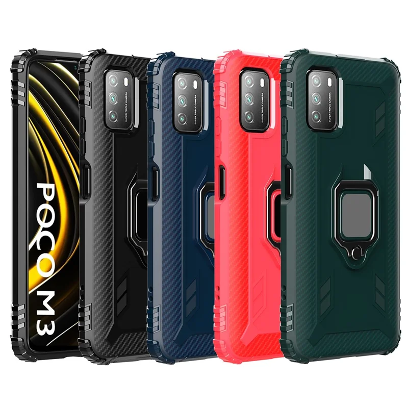 TPU Phone Protector Shell with Finger Ring Kickstand for Xiaomi Poco M3/Redmi 9 Power/Redmi Note 9 4G (Qualcomm Snapdragon 662)/Redmi 9T - Black