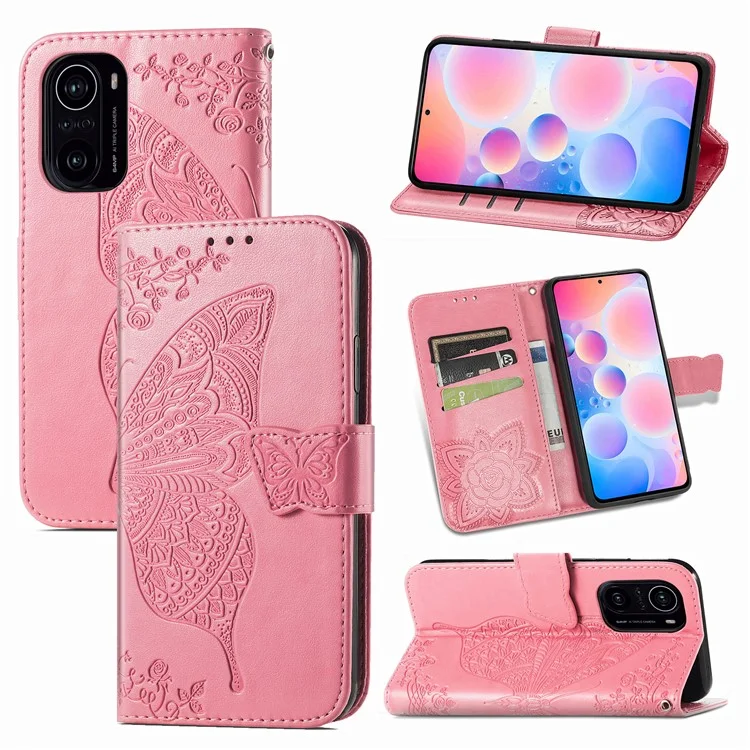 Imprint Big Butterfly Leather Wallet Phone Shell for Xiaomi Redmi K40 Pro / Redmi K40 / Mi 11i / Poco F3 - Pink