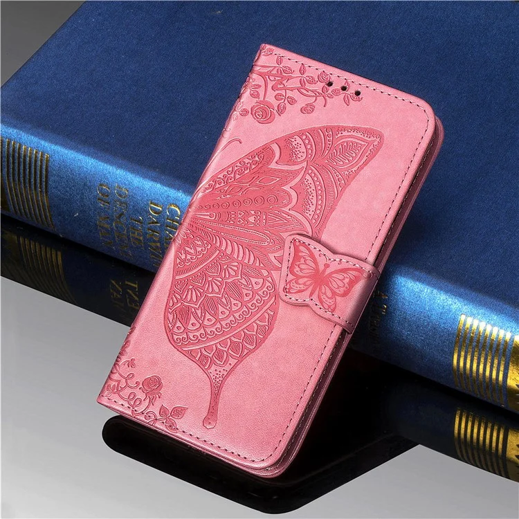 Imprint Big Butterfly Leather Wallet Phone Shell for Xiaomi Redmi K40 Pro / Redmi K40 / Mi 11i / Poco F3 - Pink