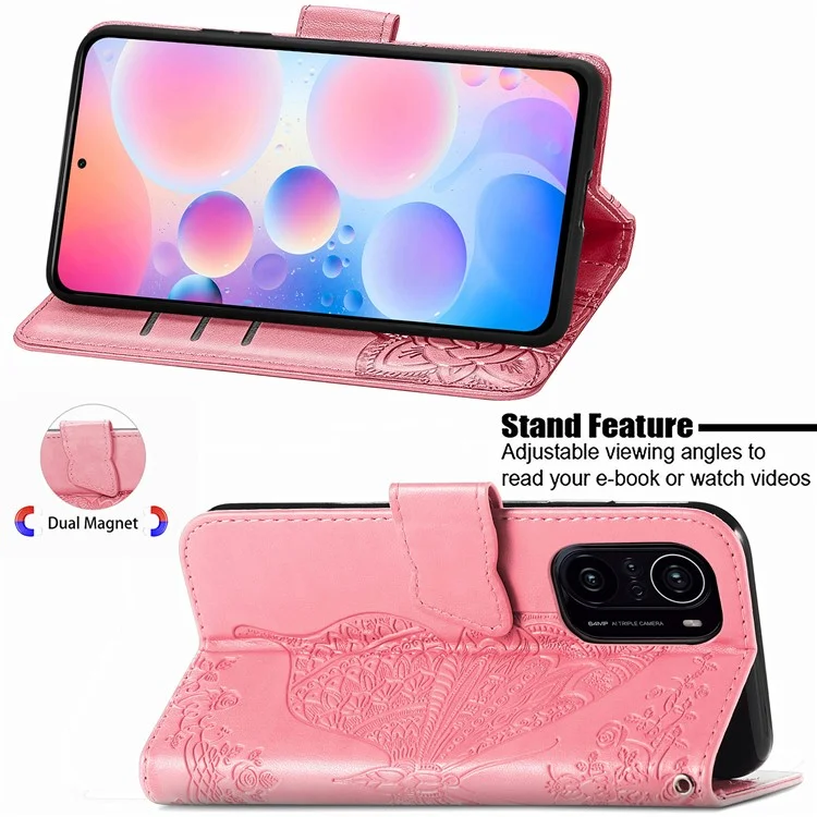 Imprint Big Butterfly Leather Wallet Phone Shell for Xiaomi Redmi K40 Pro / Redmi K40 / Mi 11i / Poco F3 - Pink