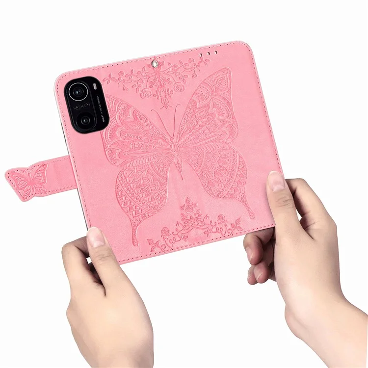 Imprint Big Butterfly Leather Wallet Phone Shell for Xiaomi Redmi K40 Pro / Redmi K40 / Mi 11i / Poco F3 - Pink