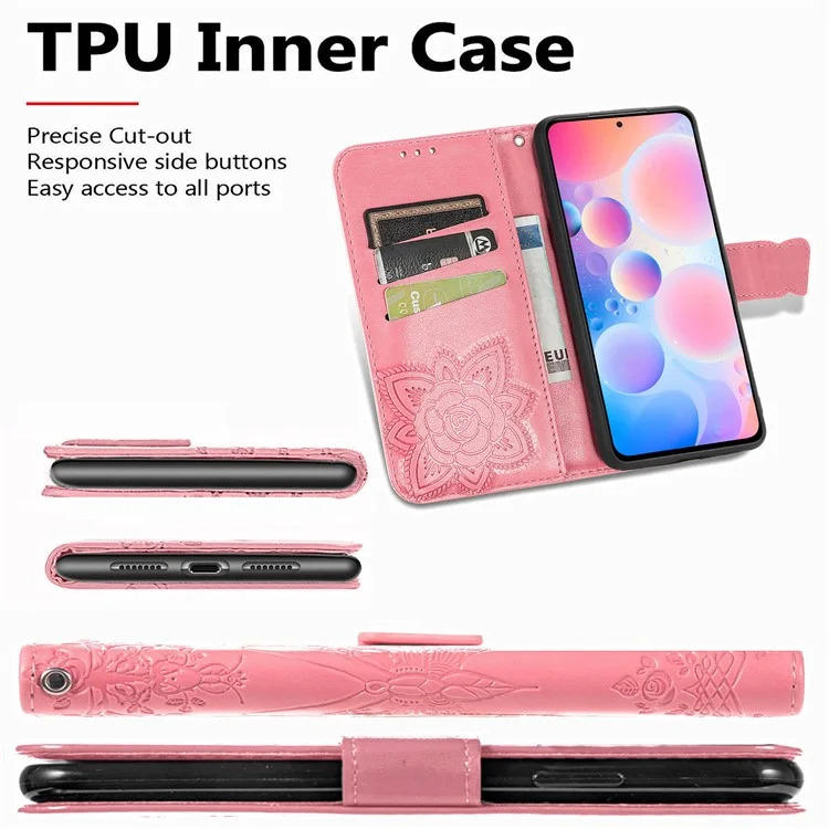 Imprint Big Butterfly Leather Wallet Phone Shell for Xiaomi Redmi K40 Pro / Redmi K40 / Mi 11i / Poco F3 - Pink