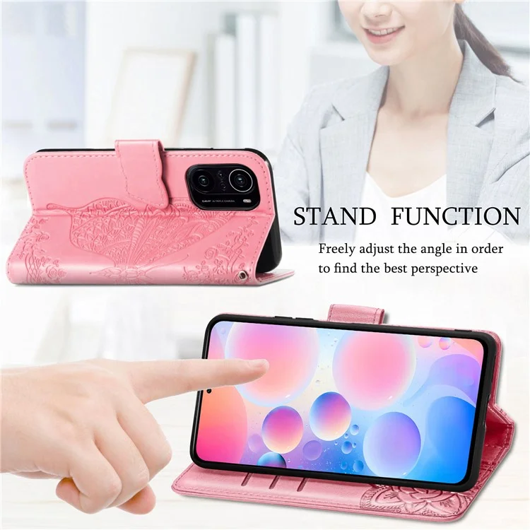 Imprint Big Butterfly Leather Wallet Phone Shell for Xiaomi Redmi K40 Pro / Redmi K40 / Mi 11i / Poco F3 - Pink