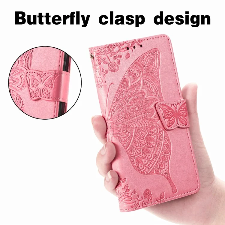 Imprint Big Butterfly Leather Wallet Phone Shell for Xiaomi Redmi K40 Pro / Redmi K40 / Mi 11i / Poco F3 - Pink