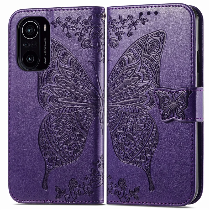 Imprint Big Butterfly Leather Wallet Phone Shell for Xiaomi Redmi K40 Pro / Redmi K40 / Mi 11i / Poco F3 - Dark Purple