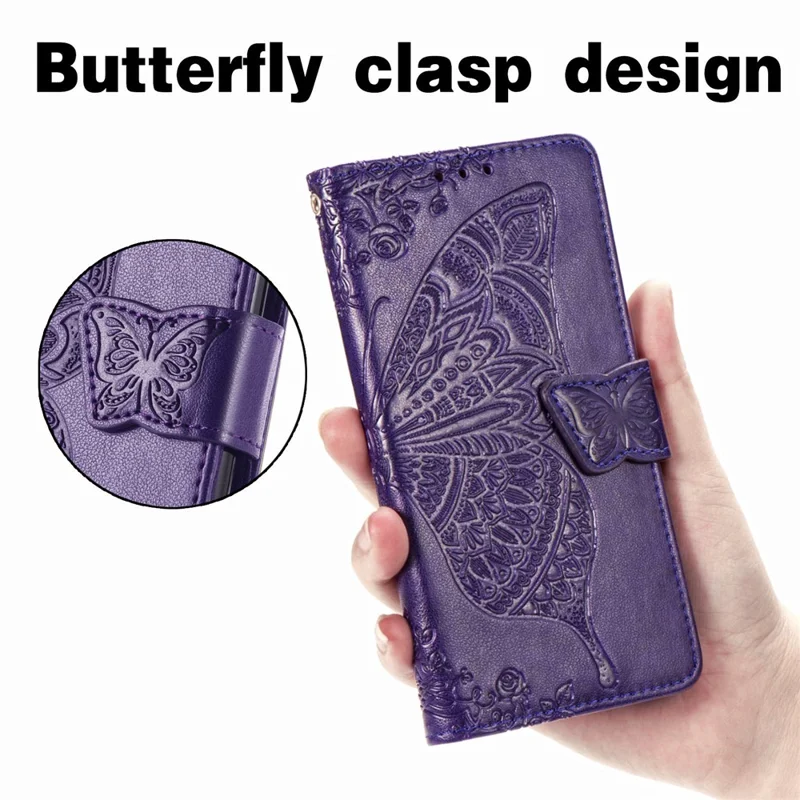 Imprint Big Butterfly Leather Wallet Phone Shell for Xiaomi Redmi K40 Pro / Redmi K40 / Mi 11i / Poco F3 - Dark Purple